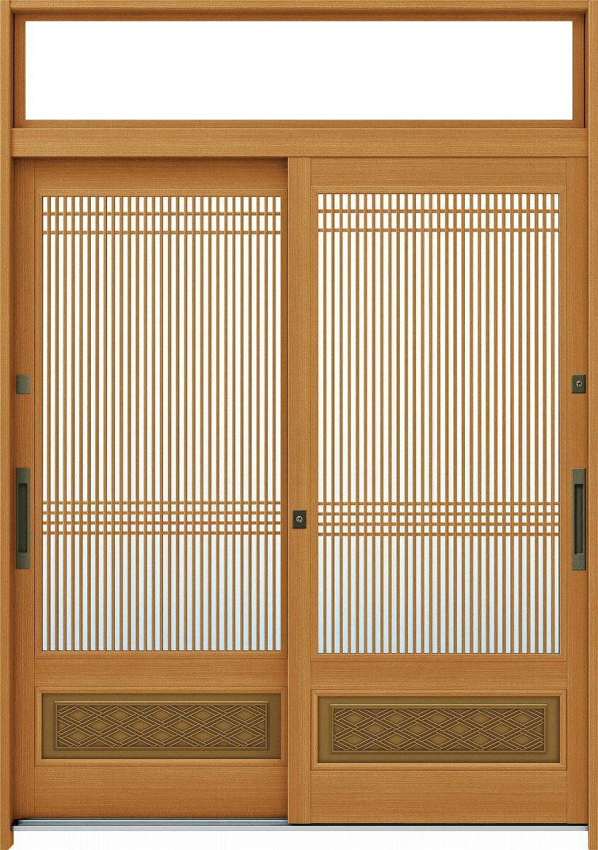 Rakuten - YKKAP玄関 玄関引戸 れん樹[伝統和風] 6尺2枚建[ランマ付] A06[木目柄]：単板ガラス[幅1900mm×高2330mm]【ykk】【YKK玄関引き戸】【引き戸】【れんじゅ】【玄関戸】【玄関ドア引戸】