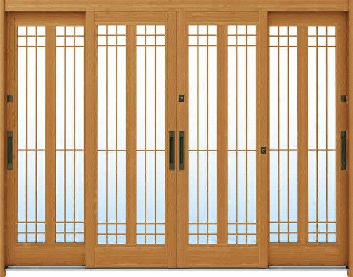 YKKAP玄関 断熱玄関引戸 れん樹[伝統和風] 9尺4枚建[ランマ無] A13[木目柄]：複層ガラス[幅2600mm×高19..