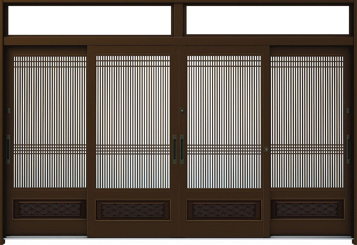 YKKAP玄関 玄関引戸 れん樹[伝統和風] 12尺4枚建[ランマ付] A06[アルミ色]：単板ガ...
