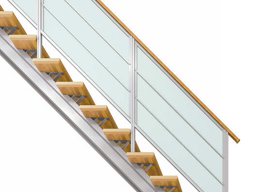 YKKAPアルミインテリア オープンリビング階段 桁タイプ[直線階段] 片側手すり 横格子： 上り切り 16段[幅2954〜3150mm×高3151〜3360mm]