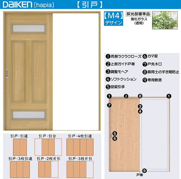 DAIKEN室内ドア hapia(ハピア)リビングドア 引戸 4枚引違い戸 価格帯312670円〜：M4デザイン　幅:3255m..