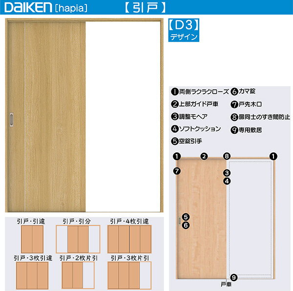 DAIKEN室内ドア hapia(ハピア)リビングドア 引戸 2枚片引き戸 価格帯100672円～：D3デザイン　幅:2432mm　高さ:2045mm