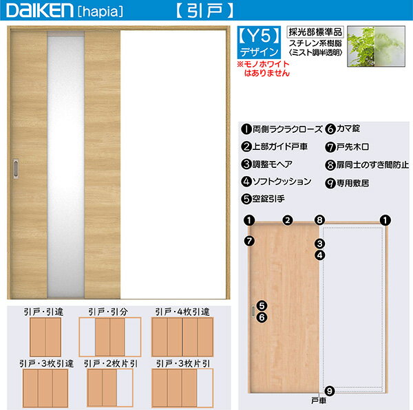 DAIKEN室内ドア hapia(ハピア)リビングドア 引戸 2枚片引き戸 価格帯178607円〜：Y5デザイン　幅:2432mm　高さ:2045mm