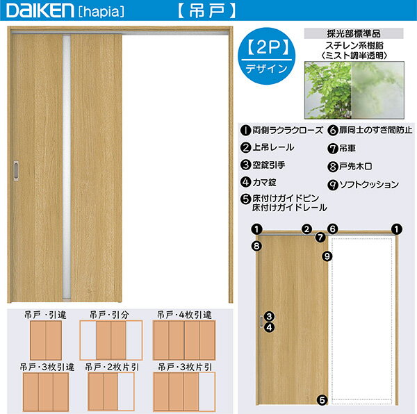 DAIKEN室内ドア hapia(ハピア)リビングドア 吊戸 片引き戸 価格帯78364円〜：2Pデザイン　高さ:2033mm