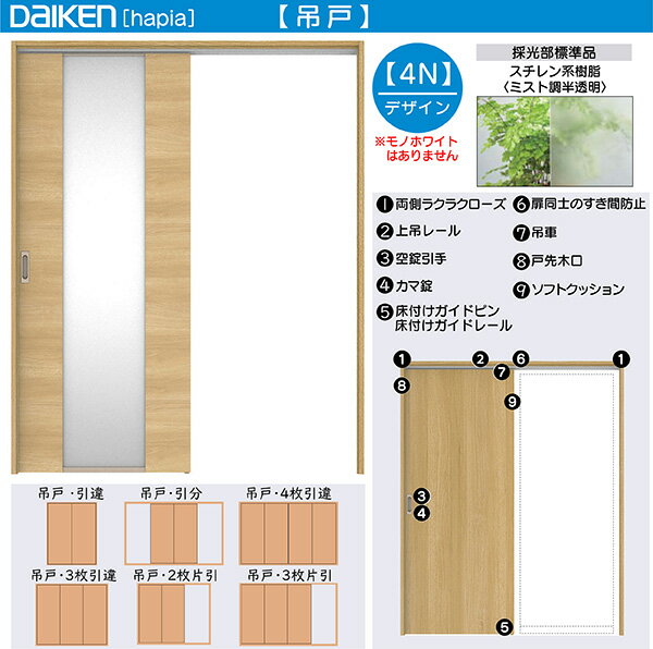 DAIKEN室内ドア hapia(ハピア)リビングドア 吊戸 片引き戸 価格帯90019円～：4Nデザイン　高さ:2033mm