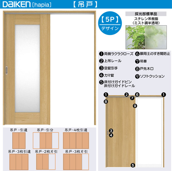 DAIKEN室内ドア hapia(ハピア)リビングドア 吊戸 2枚片引き戸 価格帯192192円～：5Pデザイン　幅:2432mm　高さ:2033mm