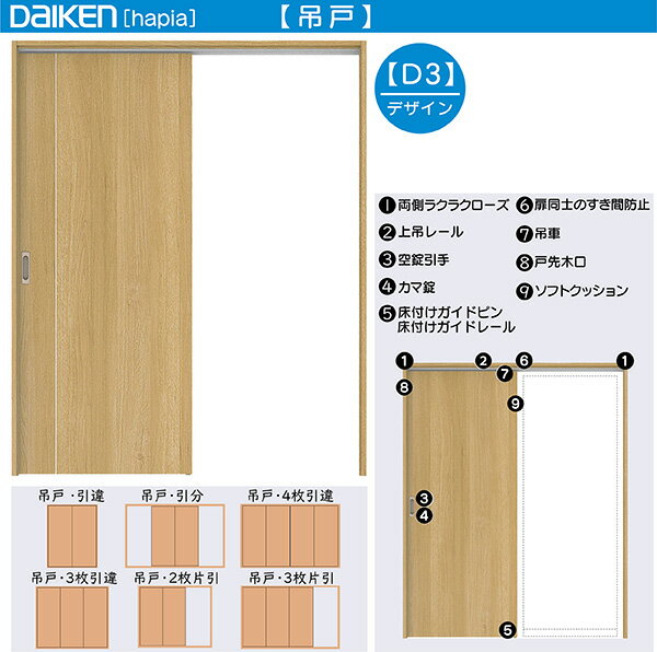 DAIKEN室内ドア hapia(ハピア)リビングドア 吊戸 3枚片引き戸 価格帯163163円〜：D3デザイン　幅:3219m..