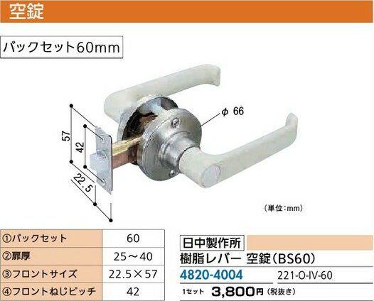 リフォーム用品 金物 錠前・鍵 浴室用取替錠：日中製作所 樹脂レバー 空錠（BS60）