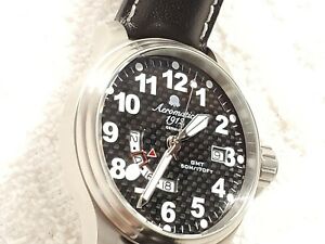 【送料無料】腕時計　エアロマティックドイツクォーツブラックウォッチワンジュエルレザーストラップ