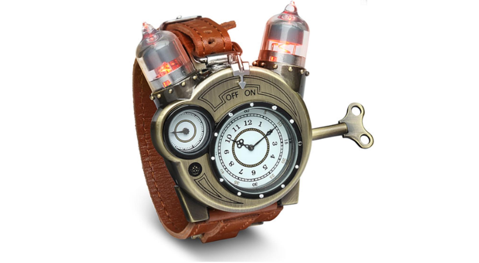 腕時計　メタルレザーストラップスチームパンクテスラアナログウォッチsteampunk tesla analog watch with metal findings and leather strap