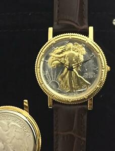 【送料無料】腕時計　ウォーキングリバティハーフドルウォッチレザーストラップgenuine walking liberty half dollar watch with genuine leather strap