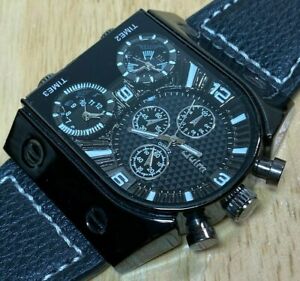 【送料無料】腕時計　スタイリッシュウルムメンブラックトリプルタイムレザーアナログクォーツウォッチアワーバッテリー