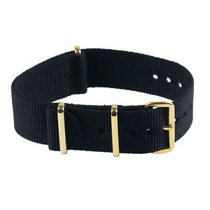 【送料無料】腕時計　ゴールドバックルキーパーブラックミリタリーナイロンウォッチストラップ