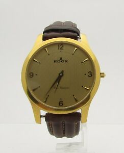 【送料無料】腕時計 エドックスレジュネベスゴールドメッキメンズレザーストラップedox les genevez gold plated mens leather strap wristwatch 38mm 21156