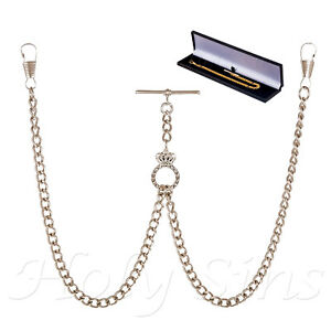 【送料無料】腕時計　クラウンリングブランドシルバーカラーダブルアルバートポケットウォッチチェーン