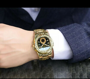 【送料無料】腕時計　メンズハンドメイドゴールドイエローmens handmade engraved watch gold yellow t556