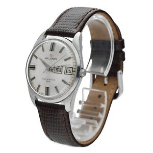 【送料無料】腕時計　ヘルブロスデーステンレススチールブラウンレザーhelbros day date stainless steel 33mm brown leather automatic wrist watch