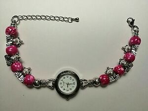 【送料無料】腕時計　ハンドメイドシルバーキュートユニコーンウォッチブレスレットシルバーユニコーンチャームhandmade silver cute unicorn watch bracelet with 6 silver unicorn charms pink