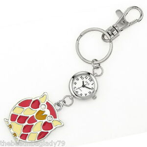 【送料無料】腕時計　クリアクリスタルファーストハンドフクロウキーチェーンウォッチシルバーメッキ first hand owl keychain watch silver plated with clear crystals