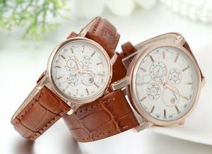 【送料無料】腕時計　カップルメンズシンプルブラウンレザーストラップクォーツドレスリストウォッチデートcouples mens women simple brown leather strap quartz dress wrist watch with date