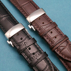 【送料無料】腕時計　レザークロコウォッチストラップシルバープッシュボタンクラスプ19mm 21mm leather croco watch strap silver push button deployment clasp