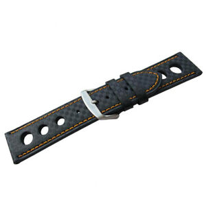 【送料無料】腕時計 ?ブラックカーボンファイバーオレンジステッチレザーグランプリラリーウォッチストラップ?