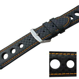 【送料無料】腕時計 ?ブラックカーボンファイバーオレンジステッチレザーグランプリラリーウォッチストラップ?