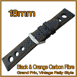 【送料無料】腕時計 ?ブラックカーボンファイバーオレンジステッチレザーグランプリラリーウォッチストラップ?