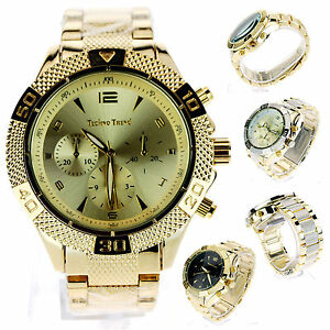 【送料無料】腕時計 メンズヘビーメッキメタルゴールドバラーアナログラウンドクォーツドレスmens luxury heavy plated metal gold baller analog round quartz dress wrist watch
