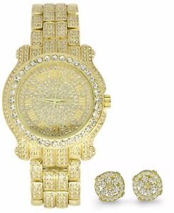 【送料無料】腕時計　メンズアイシーウォッチイヤリングコンボセットゴールドメッキテクノパヴェラッパ..