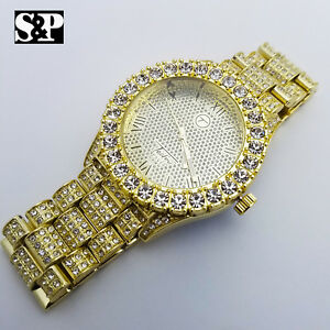 【送料無料】腕時計　メンズアイスヒップホップゴールドウォッチフルアイスネックレスブレスレットコンボセット