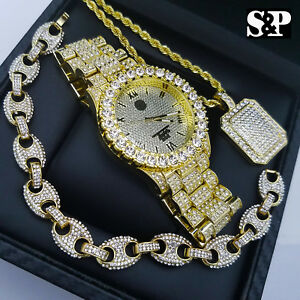 【送料無料】腕時計　メンズアイスヒップホップゴールドウォッチフルアイスネックレスブレスレットコンボセット