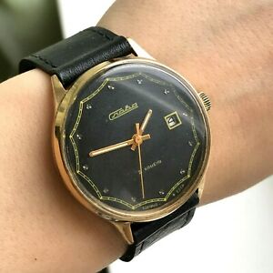 【送料無料】腕時計　スラヴァソビエトウォッチクリスタルヴィンテージゴールドメッキサービスメンズアナログソslava soviet watch date crystals vintage gold plated serviced mens analog ussr