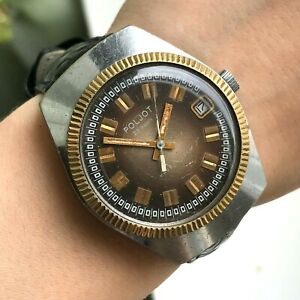 【送料無料】腕時計　レトロブラウンバイカラードソビエトウォッチソバレルメンズレアretro automatic poljot brown bicolored soviet watch ussr barrel date mens rare