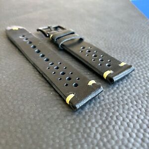 【送料無料】腕時計　ヴィンテージブラックトゥスカンイタリアンレザーレーシングウォッチストラップイエローステッチ