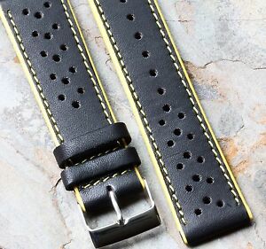 【送料無料】腕時計 イエローストライプマットレザーレーシングウォッチストラップエッジステッチyellow stripes matte leather 22mm racing watch strap w yellow edges amp; stitching