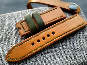 【送料無料】腕時計　レザーウォッチストラップヴィンテージハンドメイドパネライグリーンステッチ24mm, leather watch strap, vintage old school handmade, panerai, green stitching