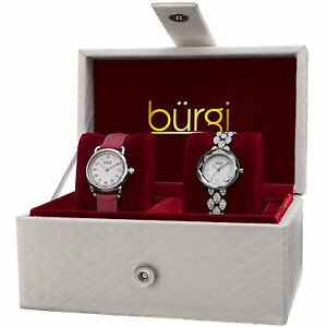 【送料無料】腕時計 ブルギシルバートーンクォーツスワロフスキークリスタルレザーウォッチセットwomens burgi bur133ss silvertone quartz swarovski crystal leather watch set