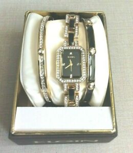 【送料無料】腕時計　エルギンレディースクリスタルブラックゴールドウォッチマッチングブレスレットセット