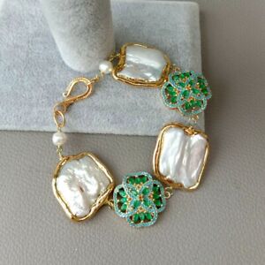 【送料無料】ジュエリー・アクセサリー コネクタホワイトスクエアケシパールブレスレットcz connector cultured white square keshi pearl bracelet 8