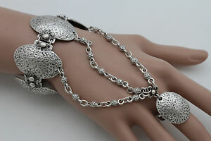 【送料無料】ジュエリー・アクセサリー ヴィンテージシルバーメタルチェーンメインオーバルチャームブレスレットリングvintage ancien ..