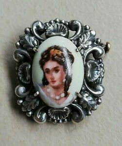 【送料無料】ジュエリー・アクセサリー ブローチミニチュアリモージュカボションbroche ancienne en argent, portrait miniature, cabochon en porcelaine de limoges