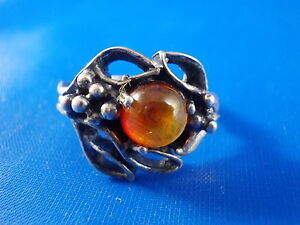 ジュエリー・アクセサリー アンバーデザインリングシルバーフローラルヴィンテージアンバーambre design anneau 800 argent floral vintage o17mm ambre
