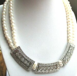 ジュエリー・アクセサリー ジュエルネックレスビーズセンタープレートcollier bijou reglable perles blanches centre 3 plaques argentees cristaux