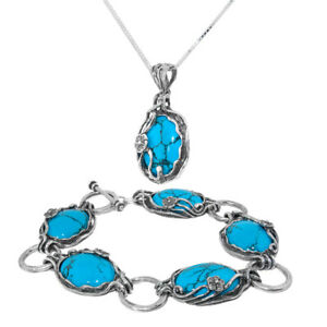 【送料無料】ジュエリー・アクセサリー フローラルモチーフシルバーペンダントブレスレットセットターコイズジェムハンドメイドイスラエルfloral motif ar...