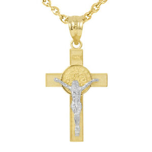 ジュエリー・アクセサリー トンゴールドイエローサンベネディクトクルシフィックスグランドネックレス14k deux tons or jaune saint benedicte crucifix grand 41cm collier