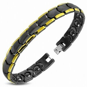 【送料無料】ジュエリー・アクセサリー ブラックセラミックブレスレットトーンパンサーリンク8mm ?bracelet magnetique en ceramique noire avec lien panthere 2 tons