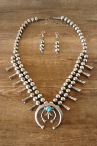 【送料無料】ジュエリー・アクセサリー ナバホシルバースターリングターコイズスカッシュフラワーネックレスイヤリングセットnavajo argent sterlin...