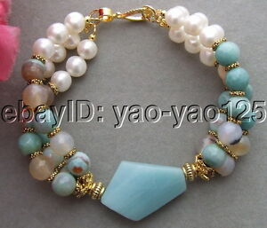 【送料無料】ジュエリー・アクセサリー ストルズホワイトパールアマゾマイトアゲートブレスレット3strds white pearl amazonite agate bracelet 8