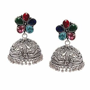 ジュエリー・アクセサリー シルバーメッキブライダルジュエリーハンドメイドジュムカジュムキイヤリングoxidized silver plated bridal jewelry handmade jhumka jhumki earrings